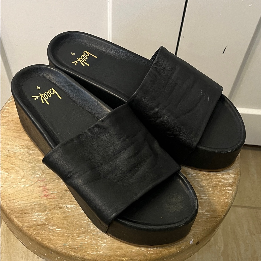 beek Pelican Leather Platform Black Women's Slide Sandals - Picture 3 of 16